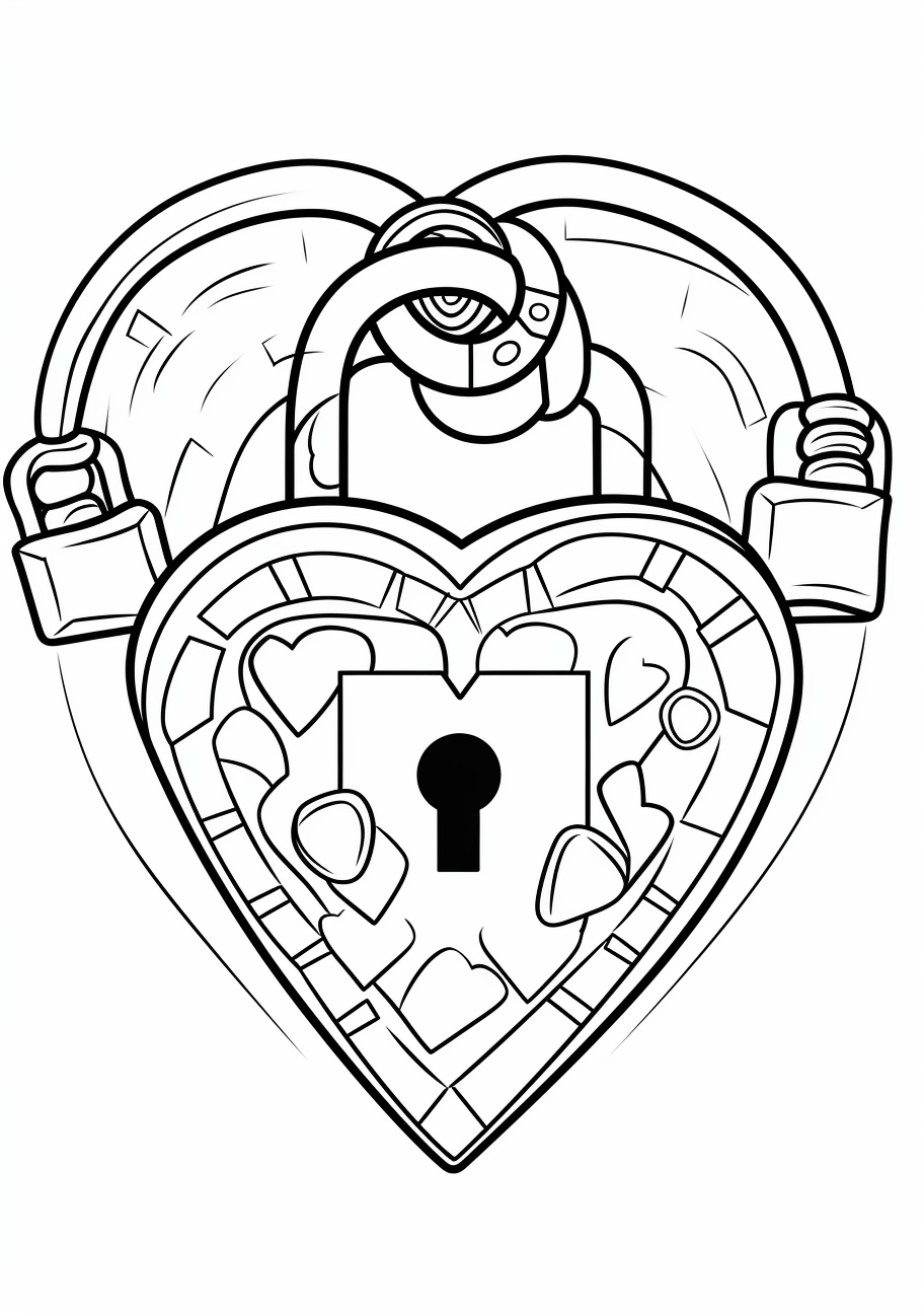 Heart-shaped lock with a key; clear outlines and moderate details.printable coloring page, black and white, free download