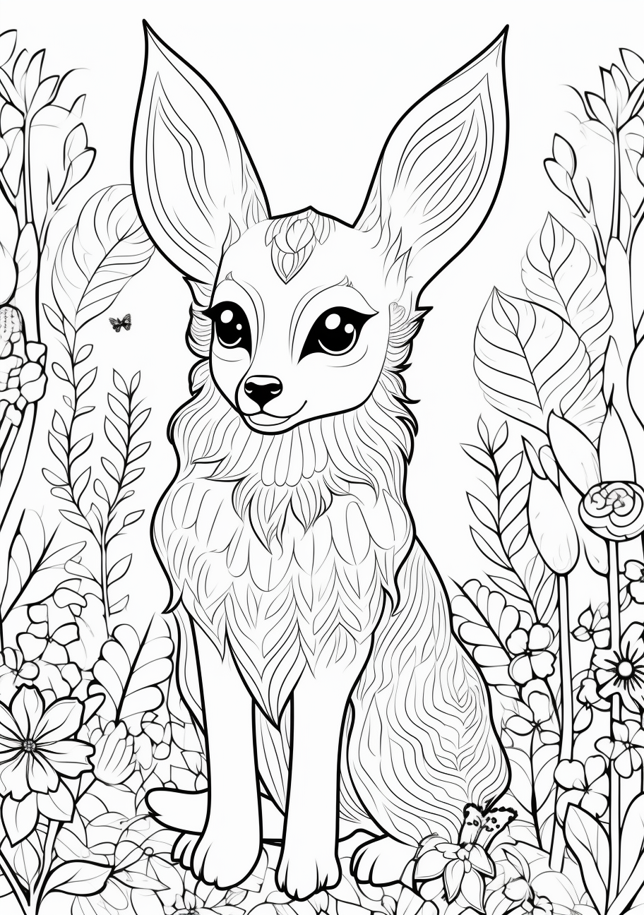 Features Eevee with its various evolutions; bold outlines. printable coloring page, black and white, free download