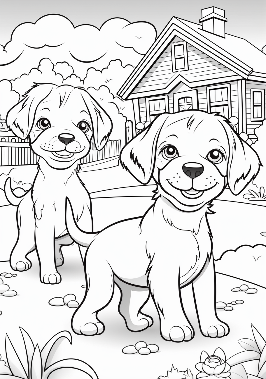 A scene of playful puppies with basic outlines and proportions printable coloring page, black and white, free download