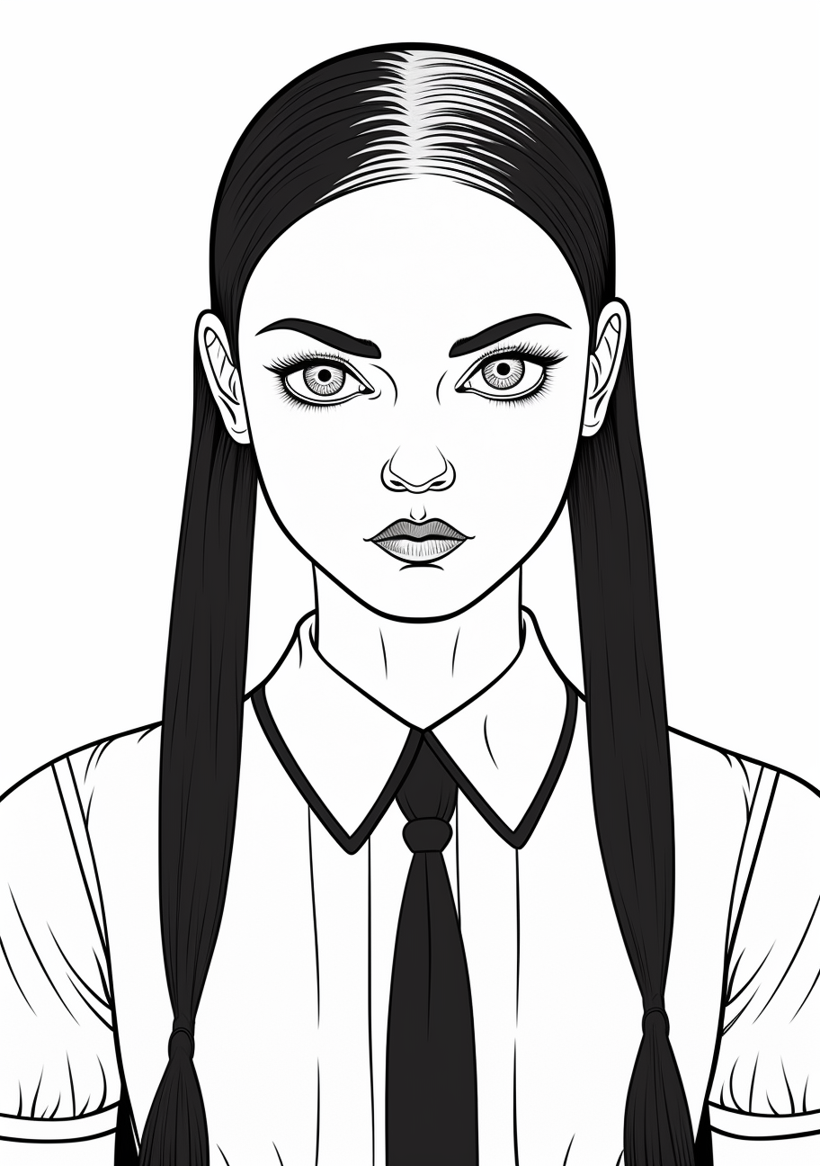 Classic Wednesday Addams with her signature braids; subtle details and chunky lines. printable coloring page, black and white, free download