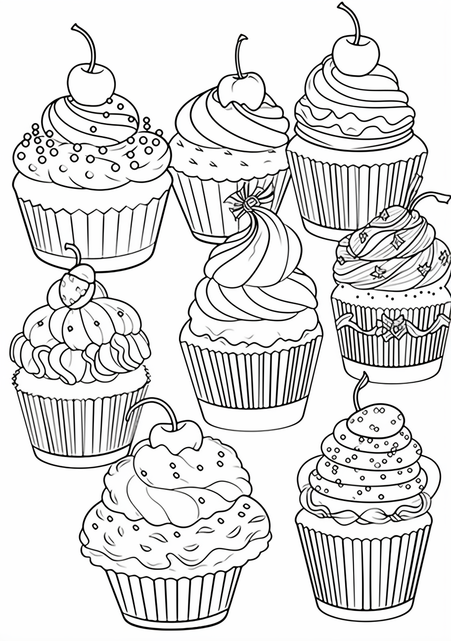 A variety of cupcakes with diverse decorations; richly detailed with solid outlines.printable coloring page, black and white, free download