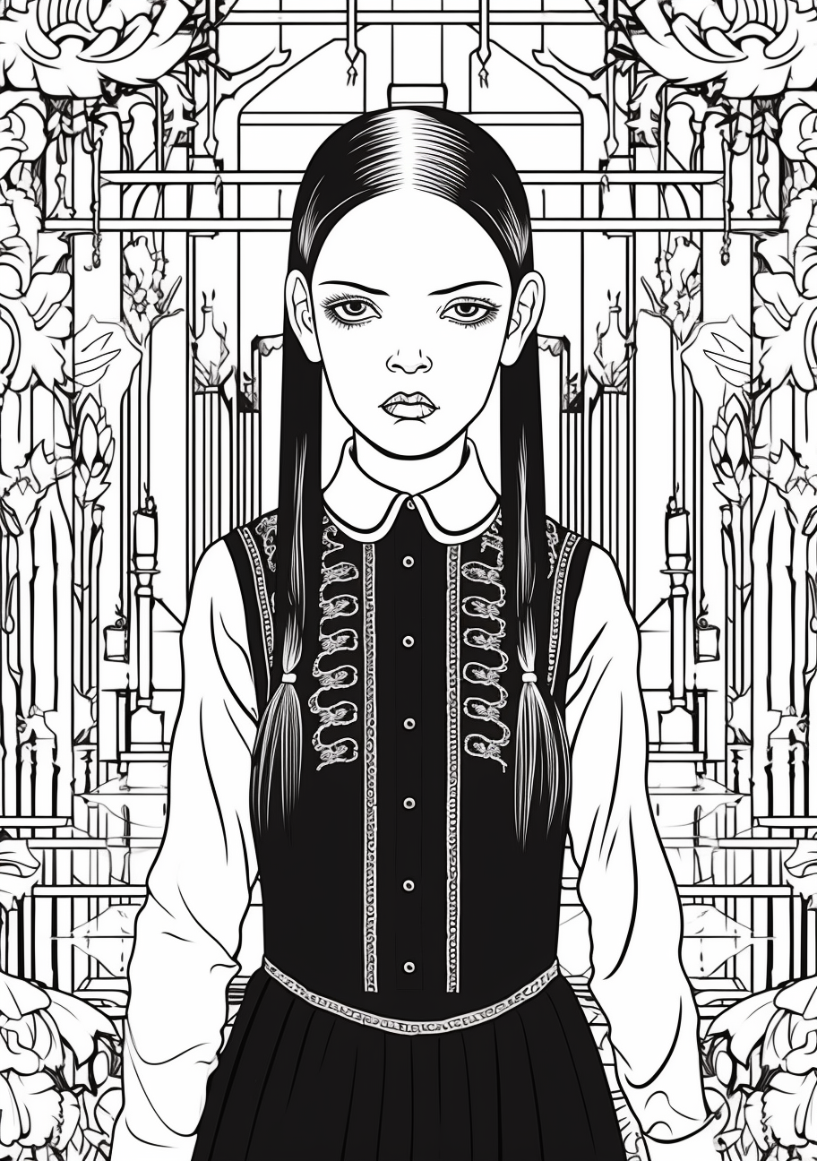 A darkly beautiful coloring page featuring Wednesday Addams surrounded by her favorite things in a gothic setting; comprehensive detailing. printable coloring page, black and white, free download