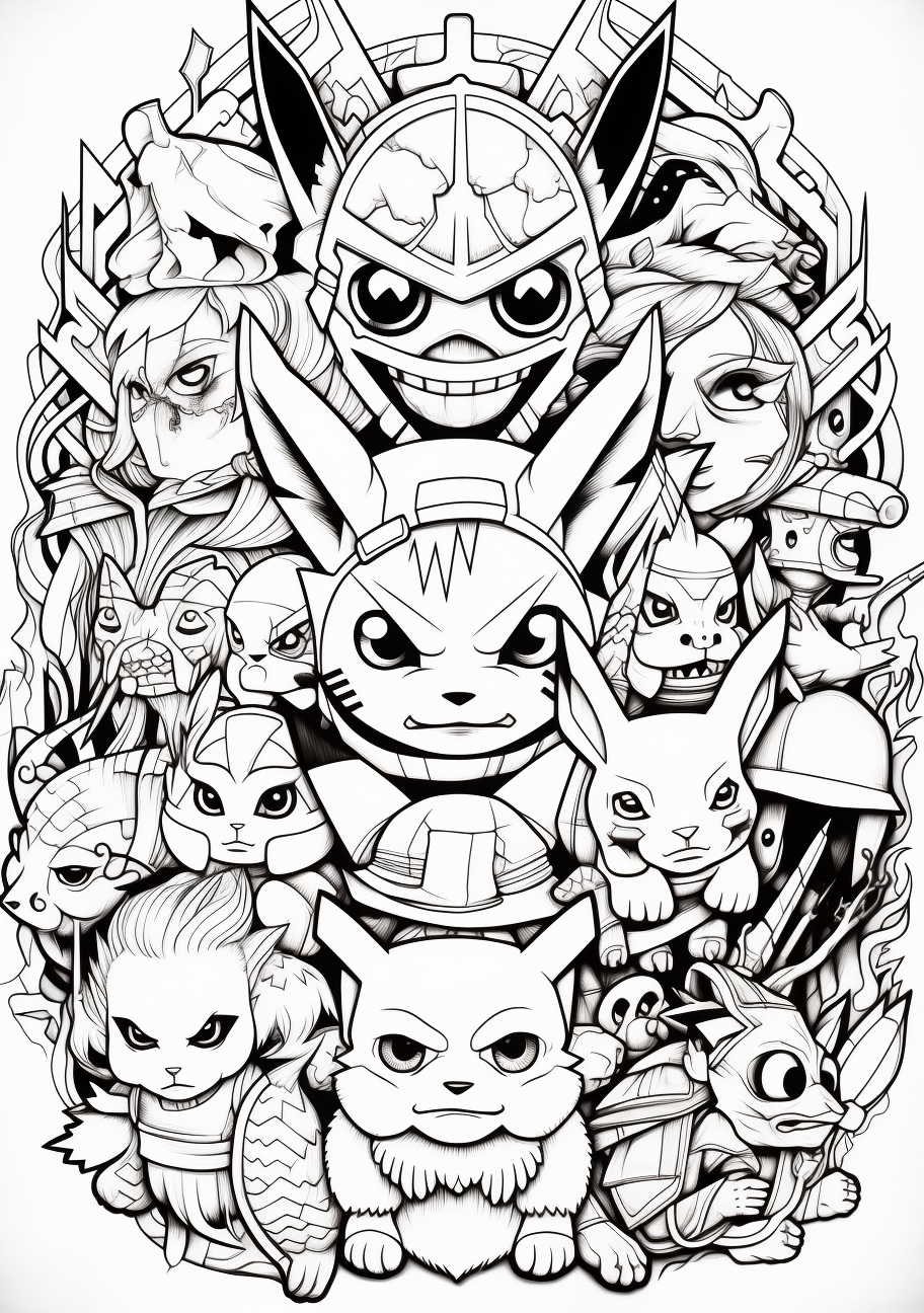 Sketch featuring Pikachu and friends from the Pokemon series; unique characteristics for each character are highlighted. printable coloring page, black and white, free download