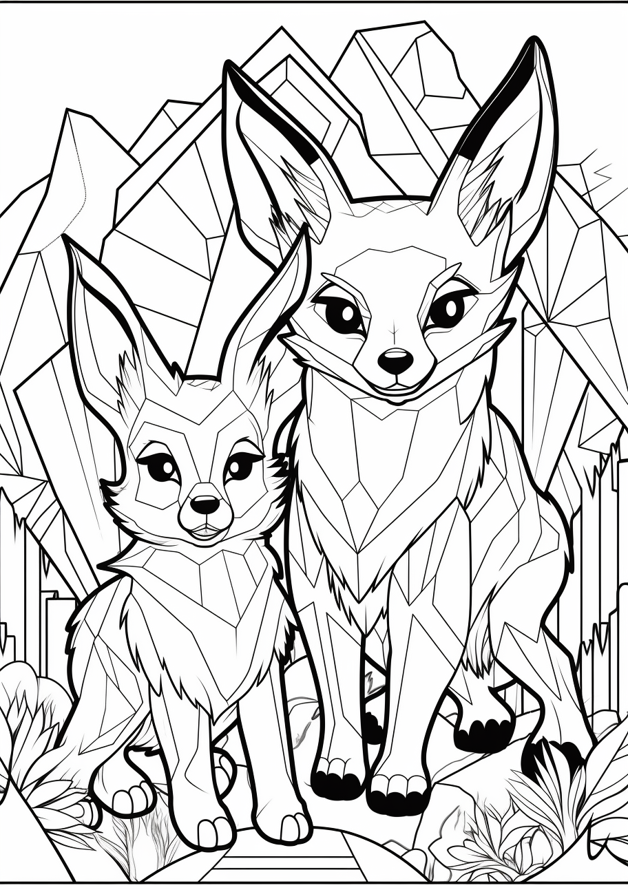 An adventure scene with Eevee and Pikachu; clean lines with moderate details. printable coloring page, black and white, free download