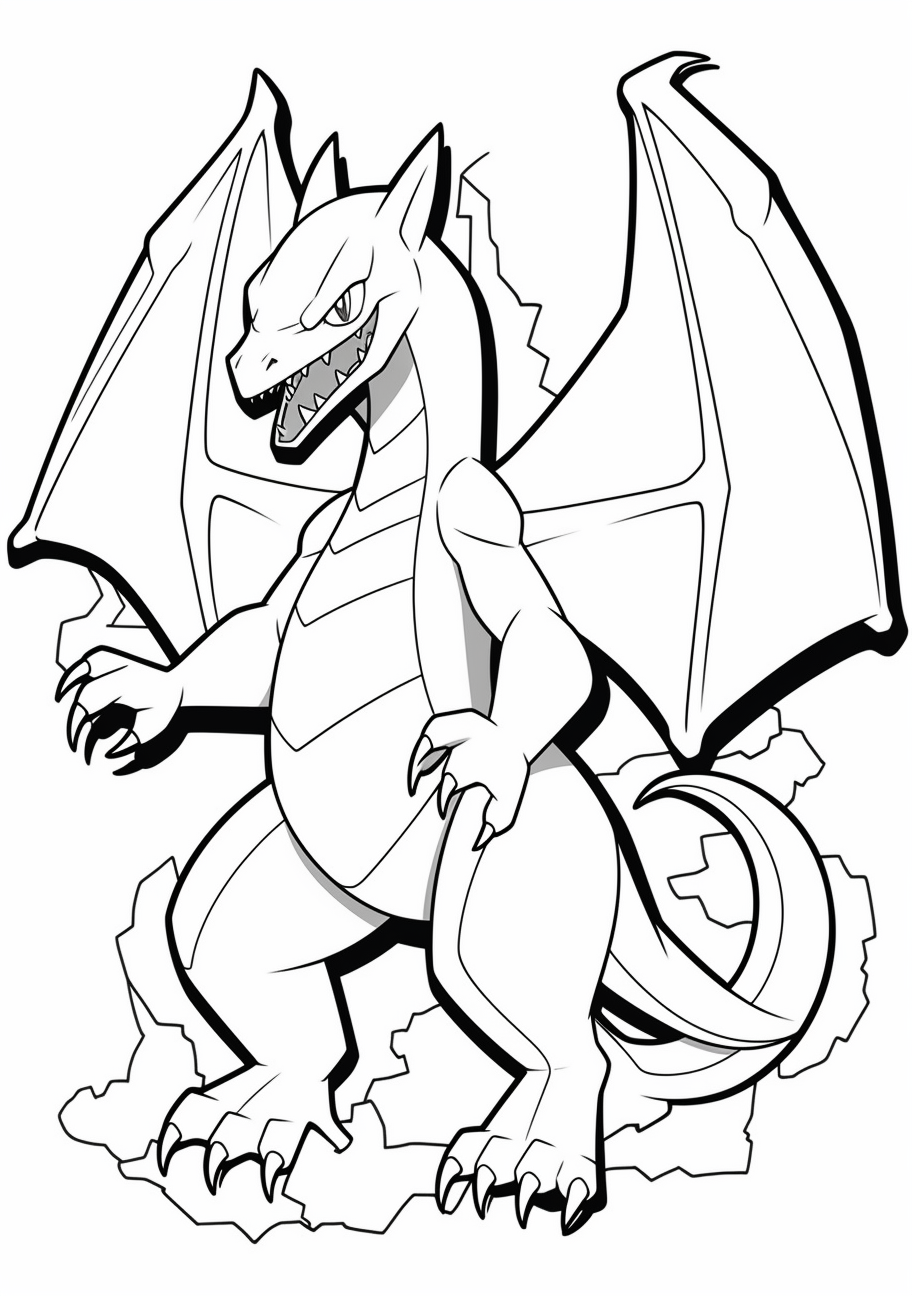 Charizard in action scenes; strong contrast and striking shapes. printable coloring page, black and white, free download