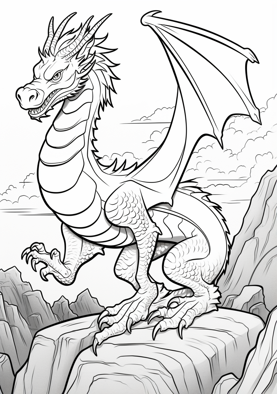 Large dragon overlooking a landscape from a cliff; intricate scales and strong clawed feet.printable coloring page, black and white, free download