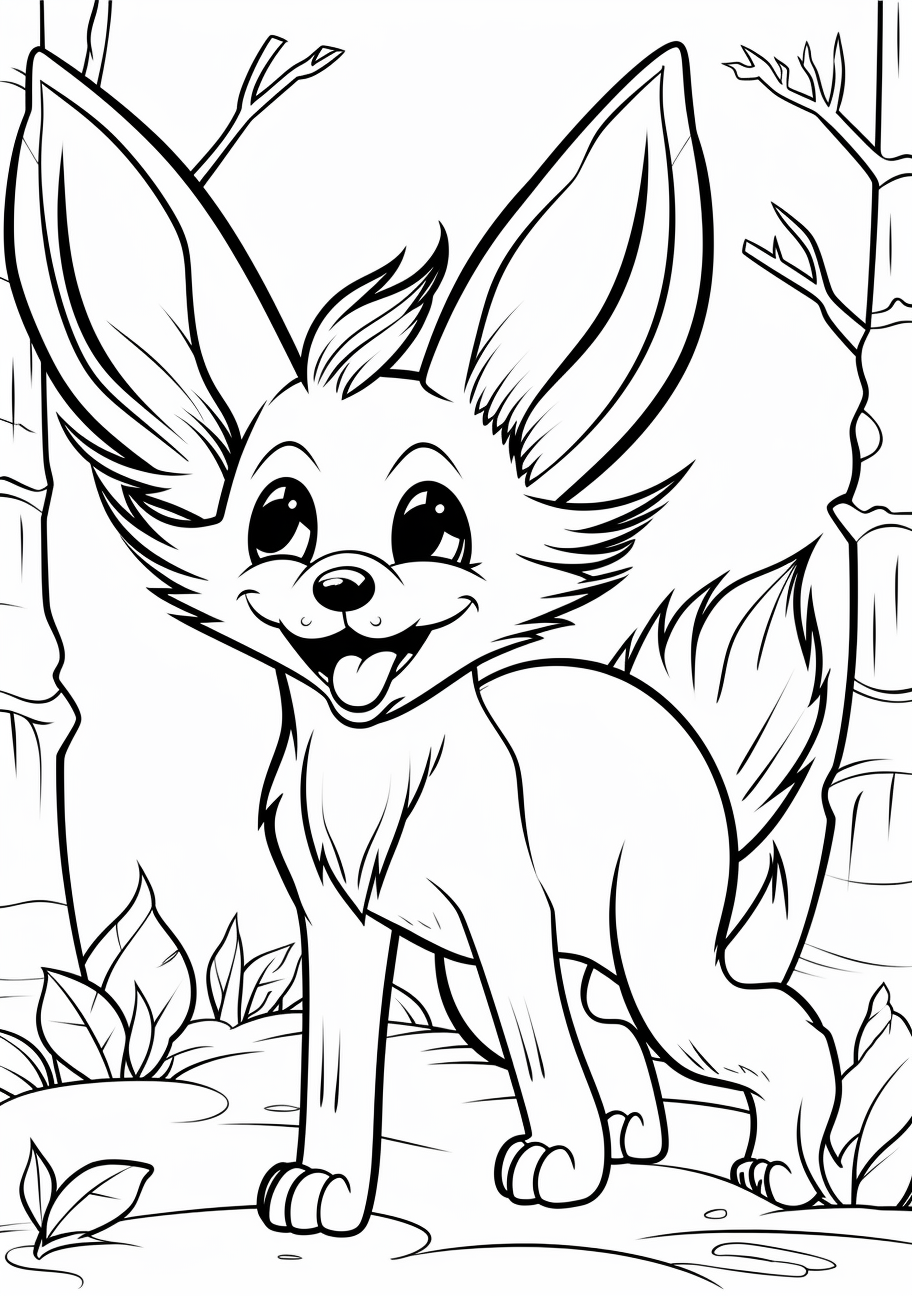 Eevee leaping in joy; fine details and patterns. printable coloring page, black and white, free download