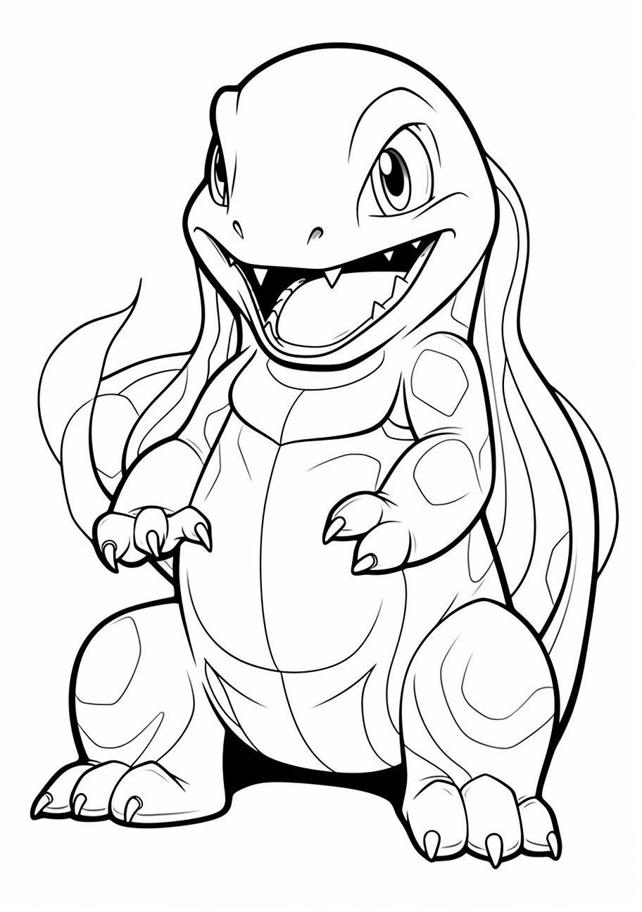 Charmander character from Pokemon, depicted in a comic scene; sharp outlines and simple shapes. printable coloring page, black and white, free download