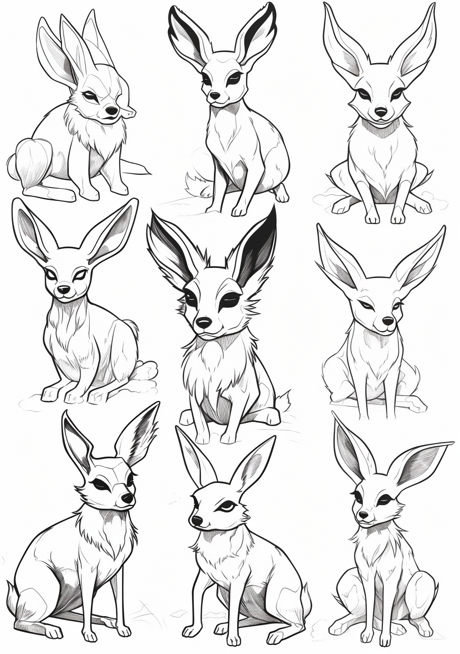 A storyline showing Eevee's gradual evolution in Pokemon; crisp outlines and simple details. printable coloring page, black and white, free download