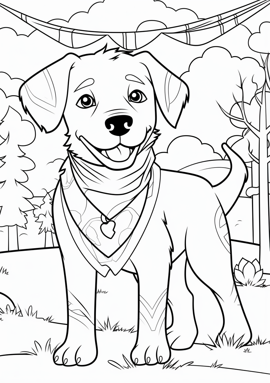 A cartoon-style dog with a bandana tied around its neck, emphasized through bold, thick outlines. printable coloring page, black and white, free download