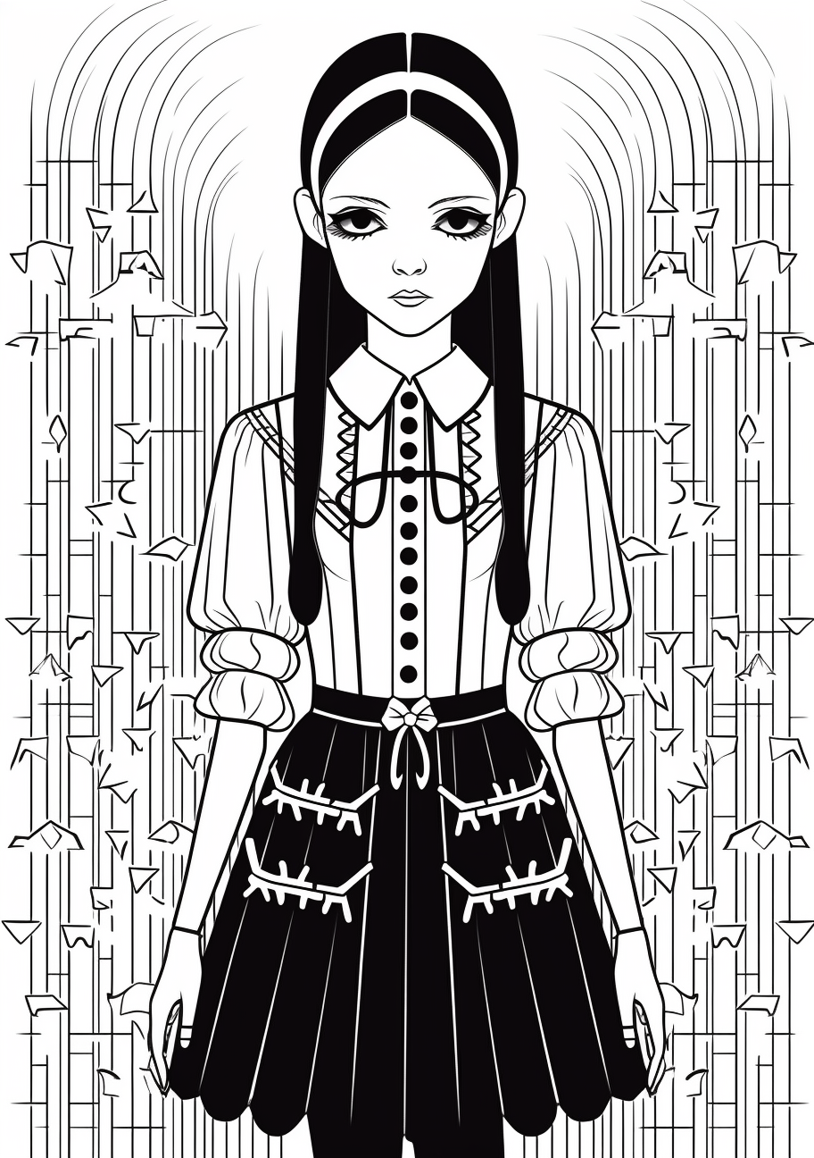 Designed depiction of Wednesday Addams predominantly featuring her dress; fine details on clothing. printable coloring page, black and white, free download