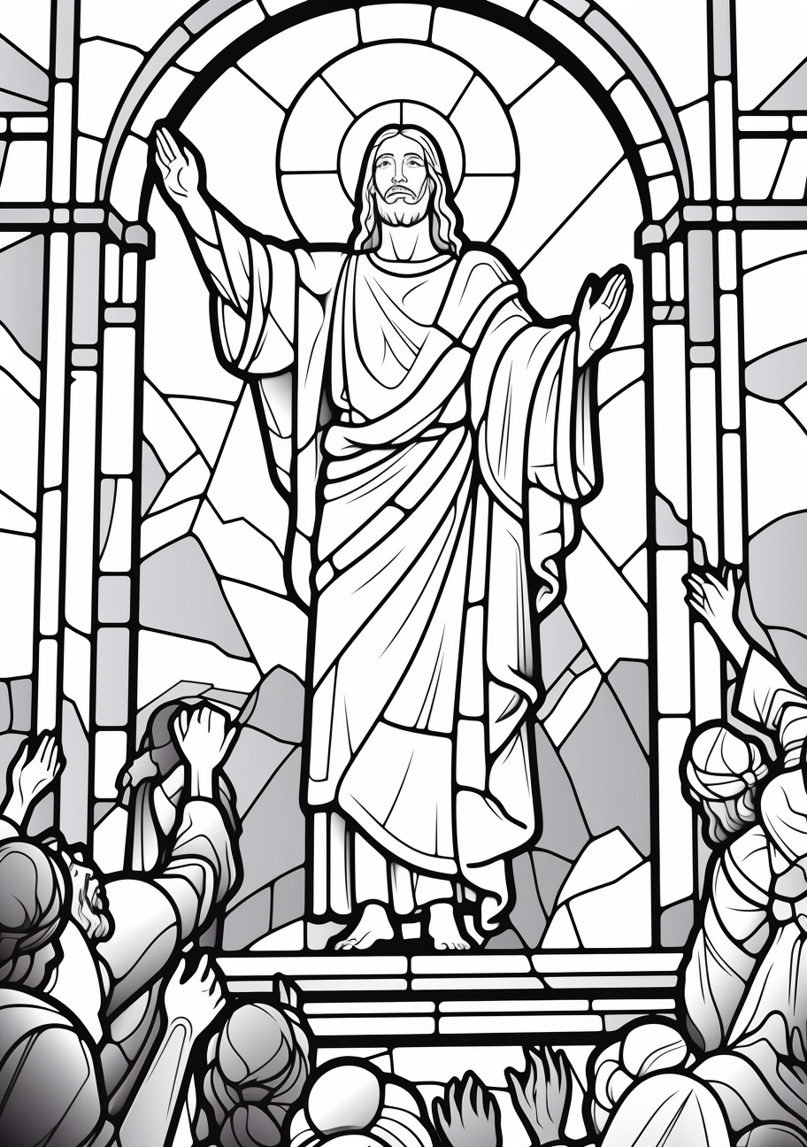 Portrays the empty tomb, with the stone rolled away and amazed witnesses, intricate line work allowing room for creativity. inspirational biblical easter coloring pages pfp for discord.