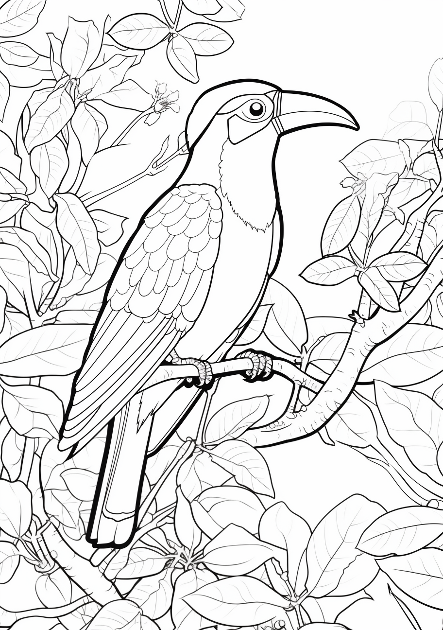 A scene featuring a toucan amidst tropical plants; strong, dynamic lines.printable coloring page, black and white, free download