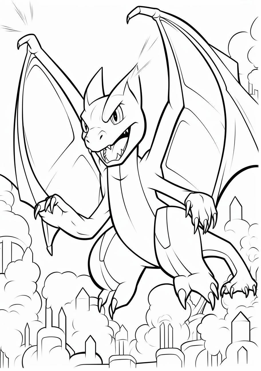 Detailed depiction of Charizard, a final evolution Pokemon, with its signature flaming wings spread wide; bold lines and complex elements. printable coloring page, black and white, free download