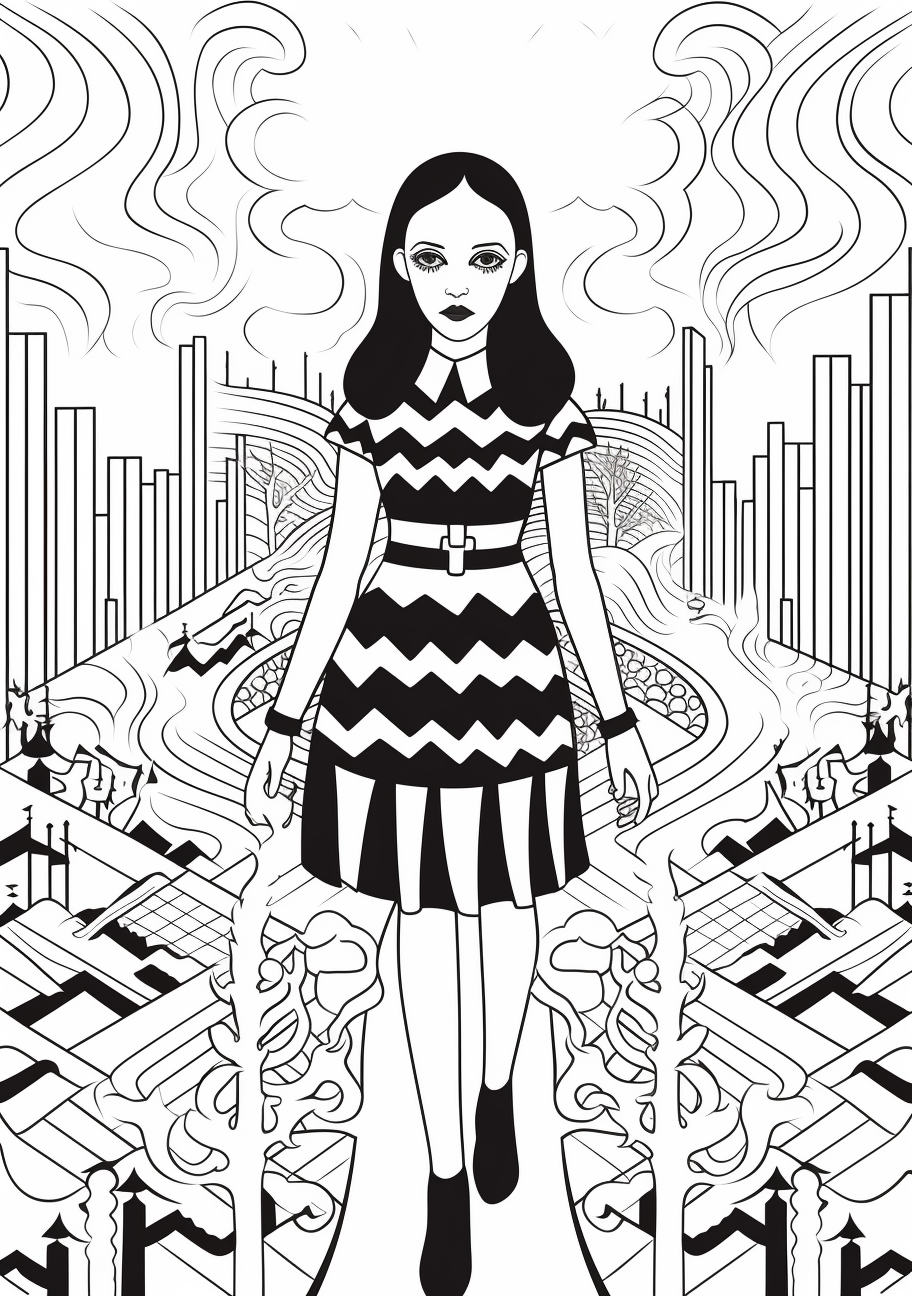 Chic representation of Wednesday Addams within an environment filled with intricate patterns. printable coloring page, black and white, free download