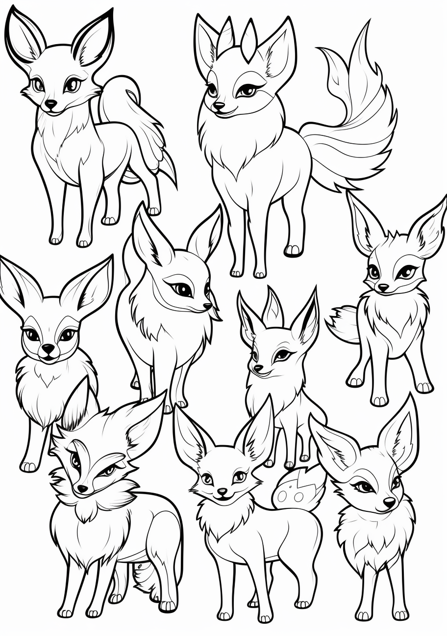Different Eevee evolutions depicted in non-complex style; focus on clarity and simplicity. printable coloring page, black and white, free download