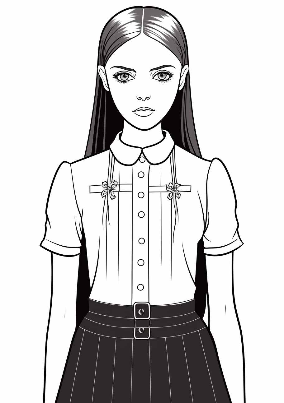 Wednesday Addams in her iconic black dress; detailed lines and careful shading. printable coloring page, black and white, free download
