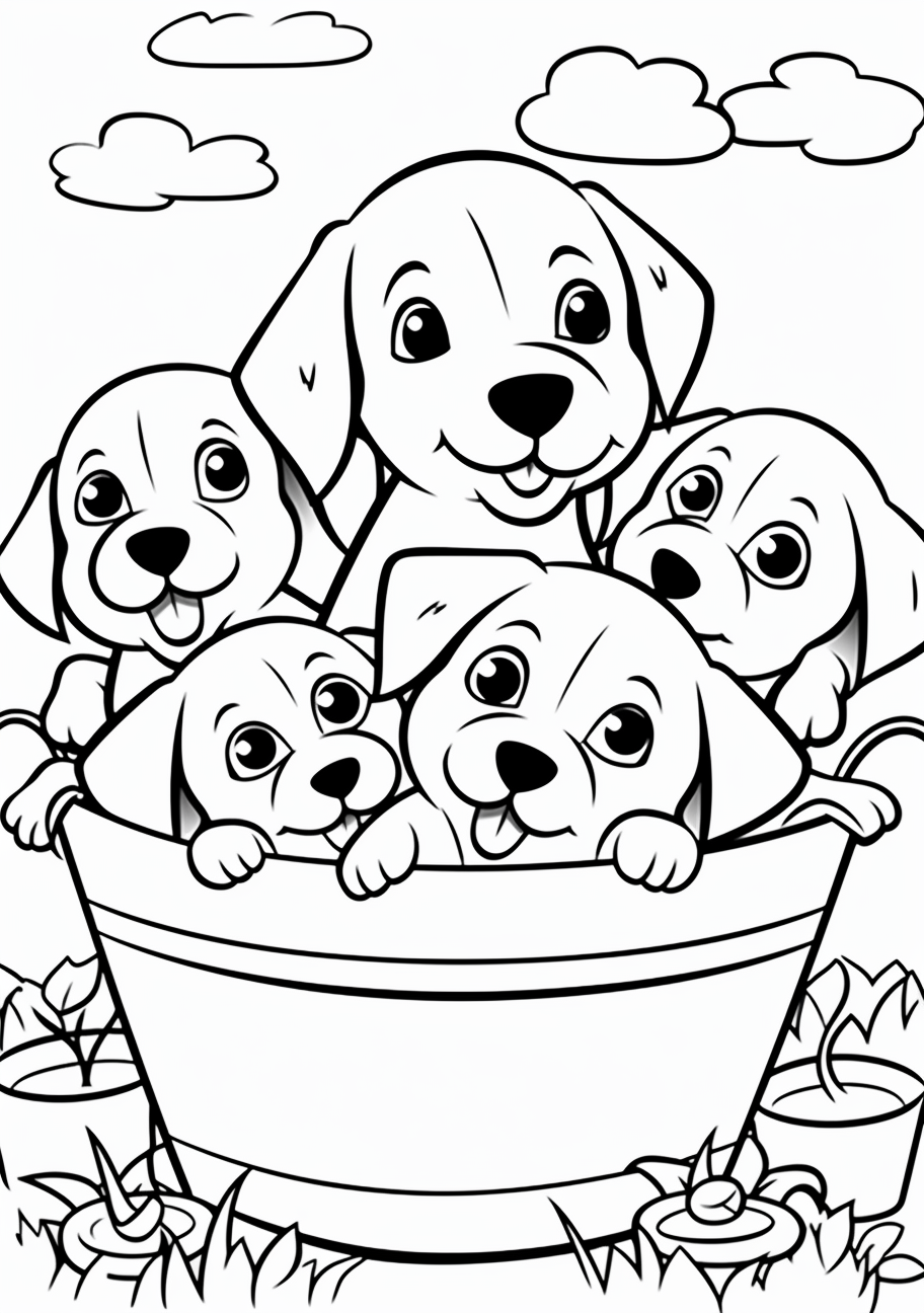 Cute puppies nestled within a basket; simple shapes and outlines. printable coloring page, black and white, free download