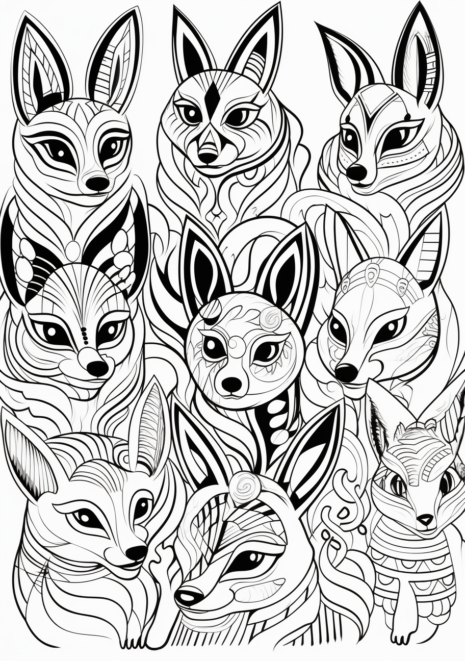 Eevee evolutions portrayed in abstract art style; unique combination of simplicity and complexity in design. printable coloring page, black and white, free download