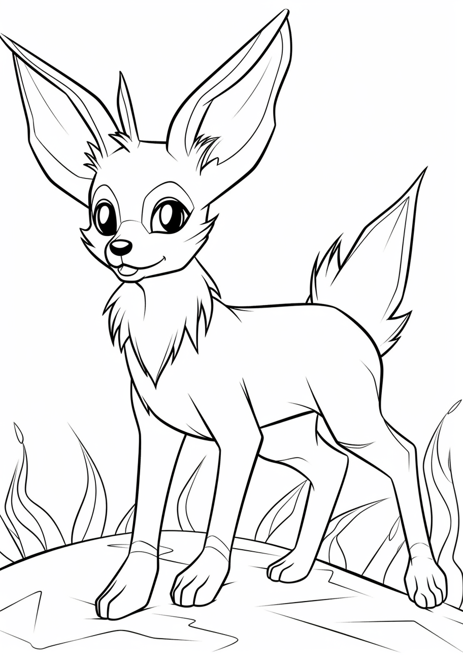 Eevee portrayed with a sense of energy; clear outlines and moderate details. printable coloring page, black and white, free download