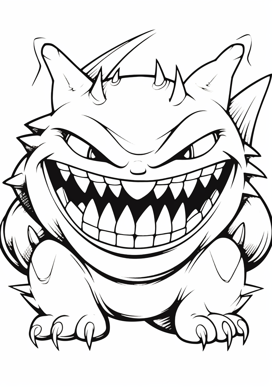 Gengar with a playful and inviting gaze; simple and clean contours for easy coloring. printable coloring page, black and white, free download