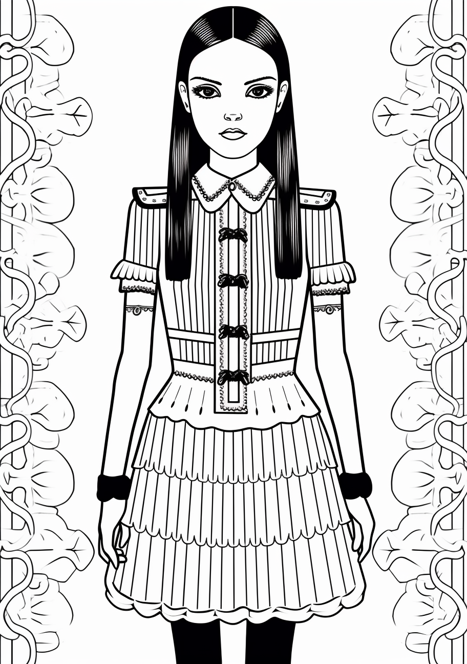 Wednesday Addams drawn with an intense gaze and detailed modern apparel. printable coloring page, black and white, free download