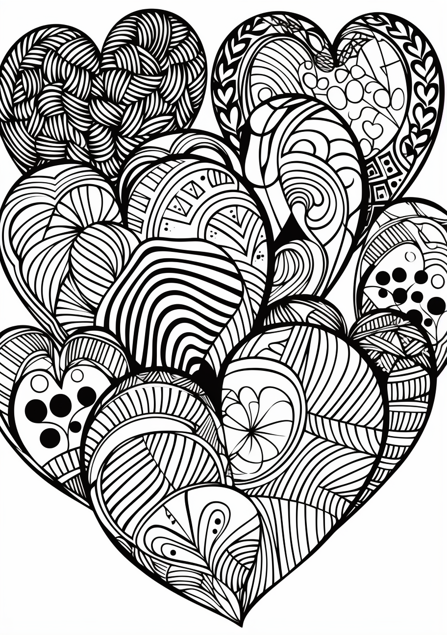 Heart silhouettes with swirling patterns throughout; detailed and intricate lines.printable coloring page, black and white, free download