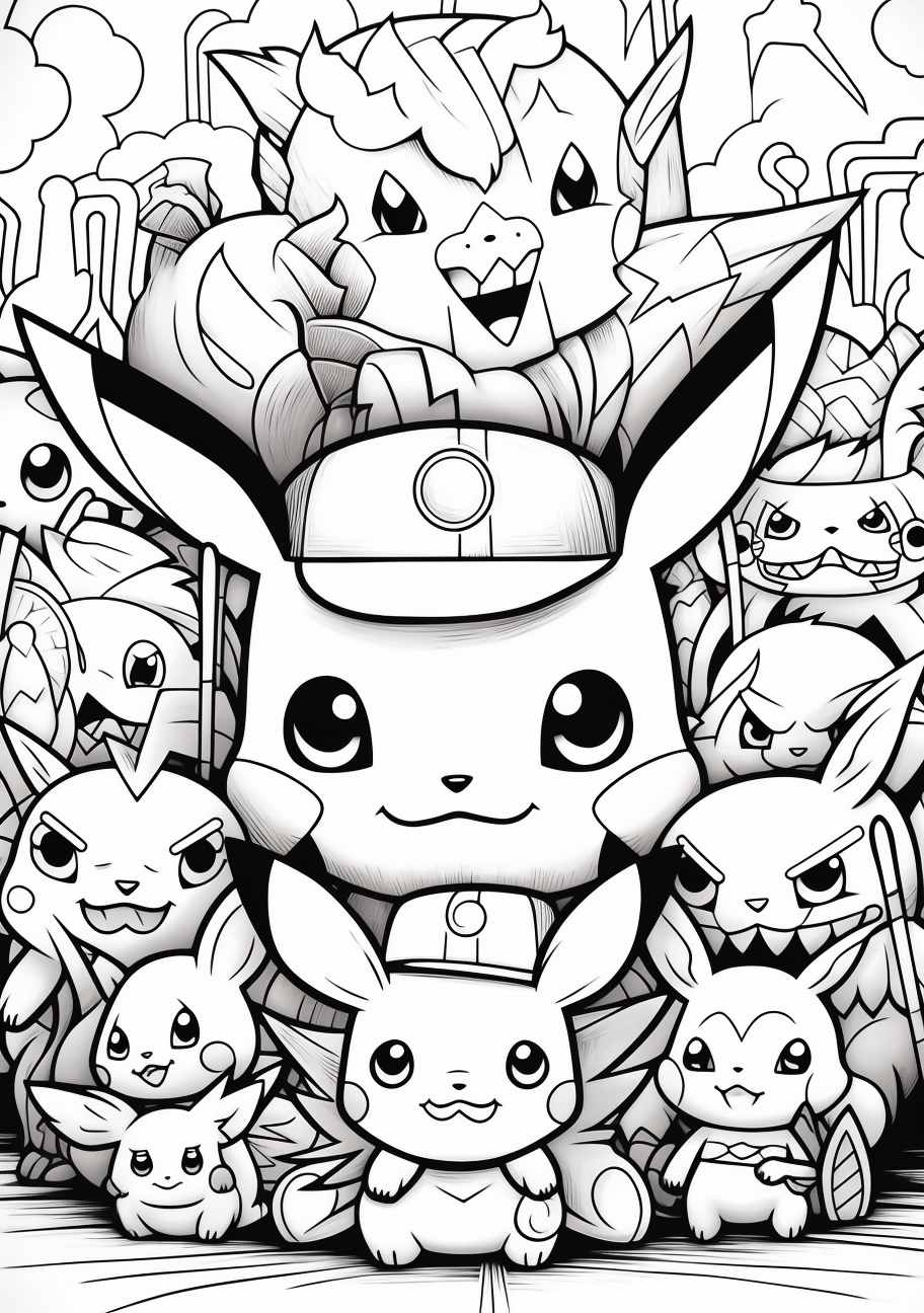 Several Pokemon gathered around Pikachu; heavy outlines and attention to individual Pokemon designs. printable coloring page, black and white, free download