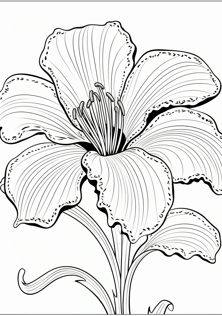 Realistic depiction of a lily flower; emphasis on the interplay of stamen and petals.printable coloring page, black and white, free download