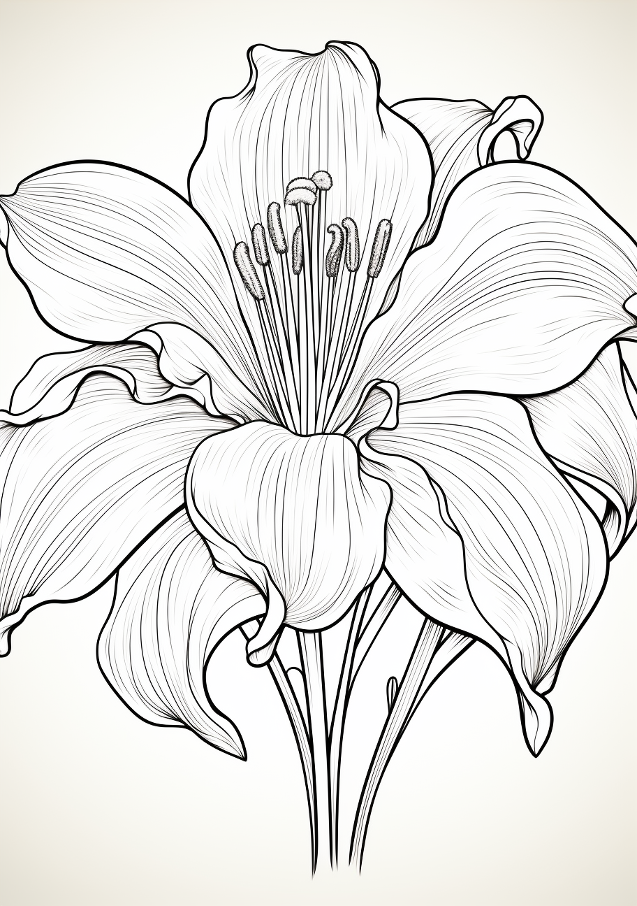 Realistic lily drawing showing the flower's open form and curving petals.printable coloring page, black and white, free download
