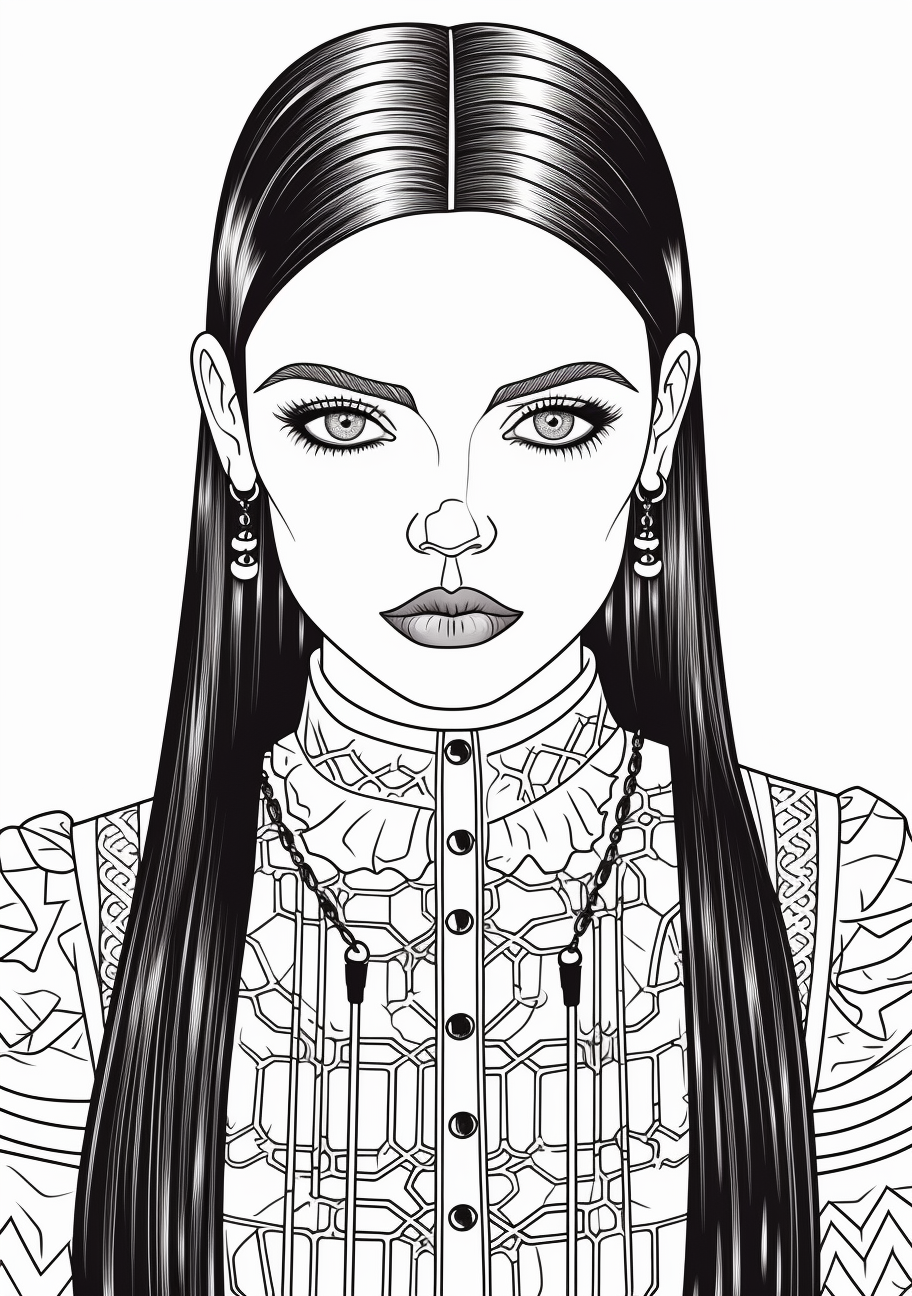 Close-up image of modern Wednesday Addams; clean, bold lines and clear facial expressions. printable coloring page, black and white, free download