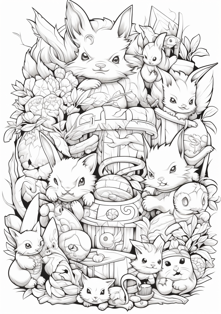 Pikachu amidst fellow Pokemon; emphasis on expressions and character designs. printable coloring page, black and white, free download