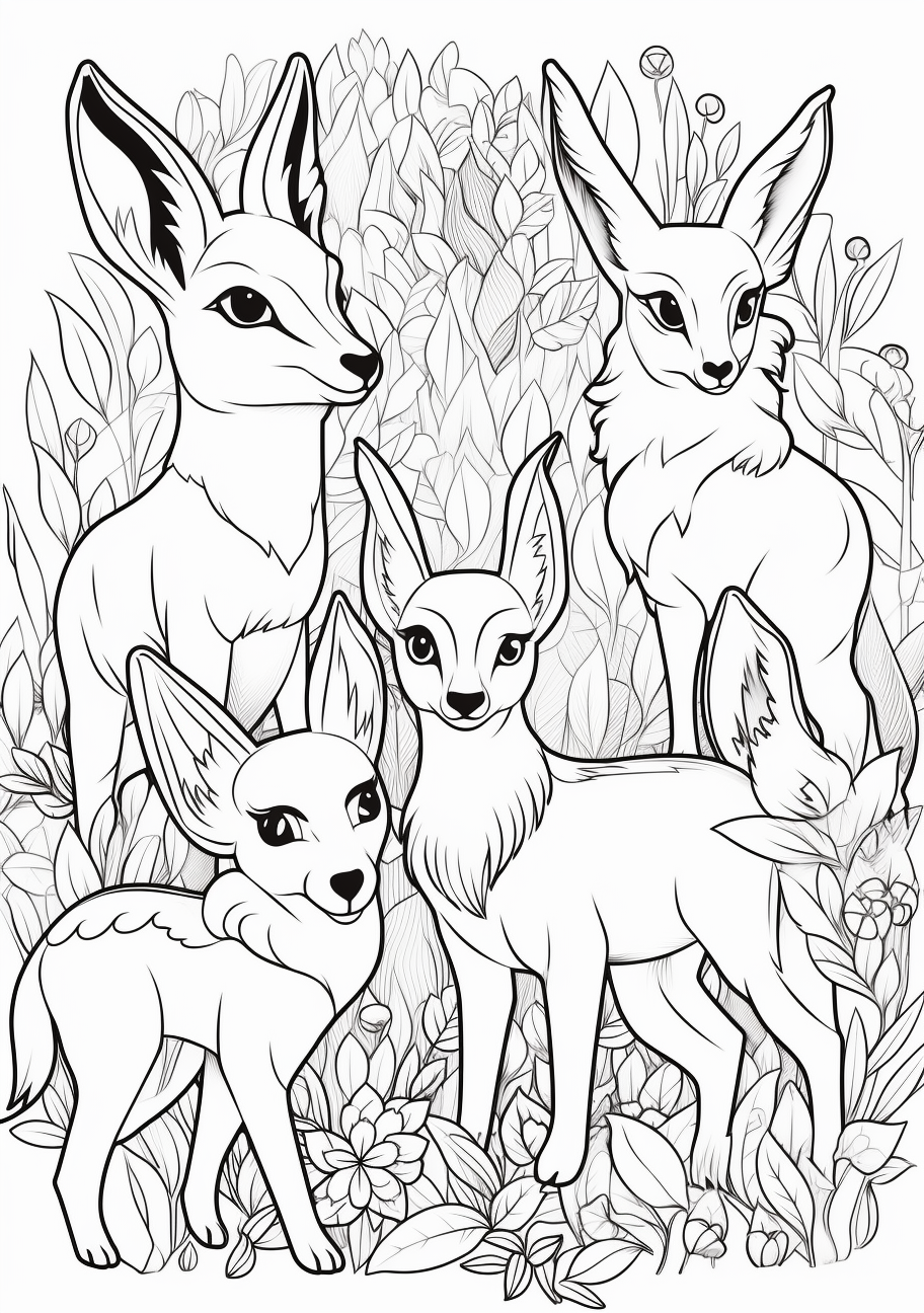 Sketch of Eevee's elemental evolutions; bold lines and minimal details. printable coloring page, black and white, free download
