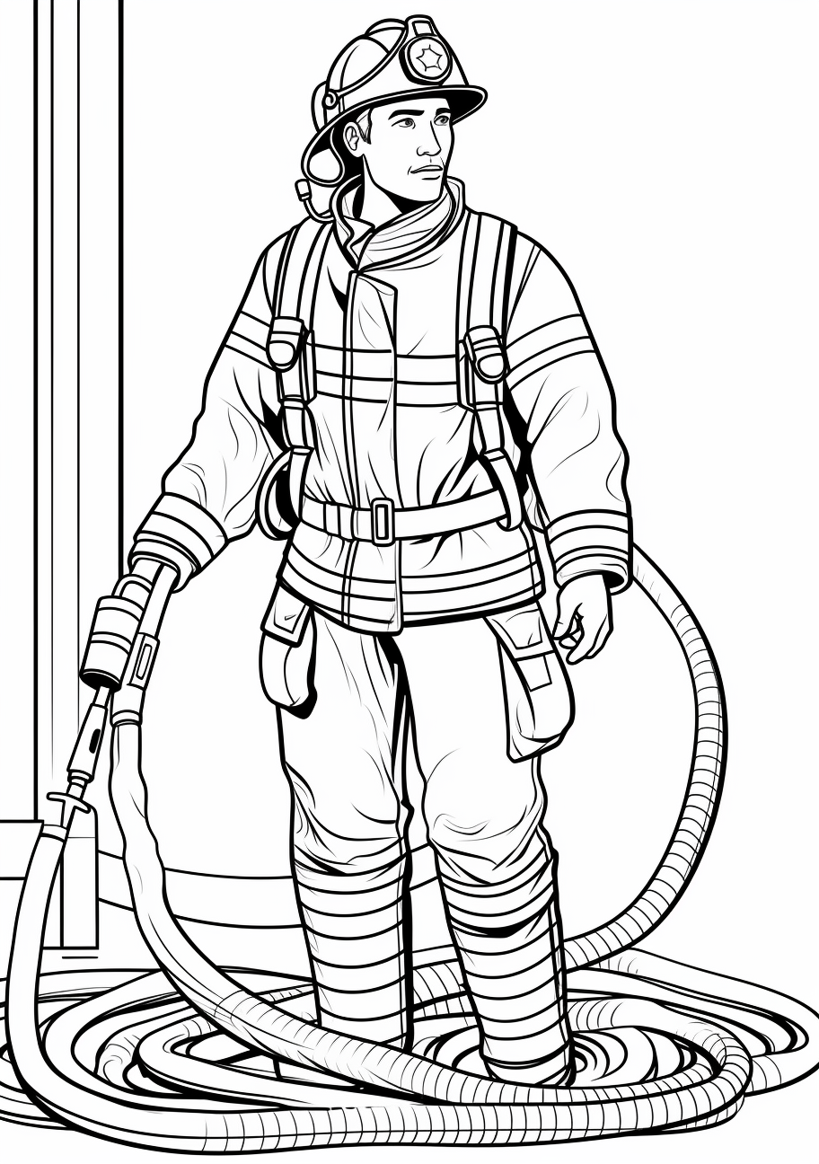 A firefighter wearing a helmet and robust gear; clean, straight lines and minimal details.printable coloring page, black and white, free download