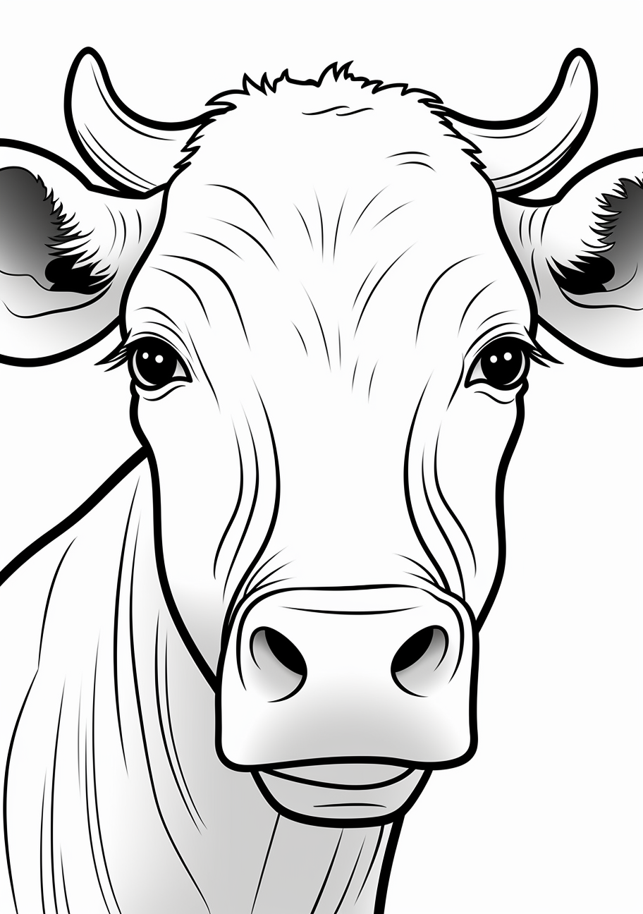 An image focusing on the head of the cow, showcasing a joyful expression.printable coloring page, black and white, free download