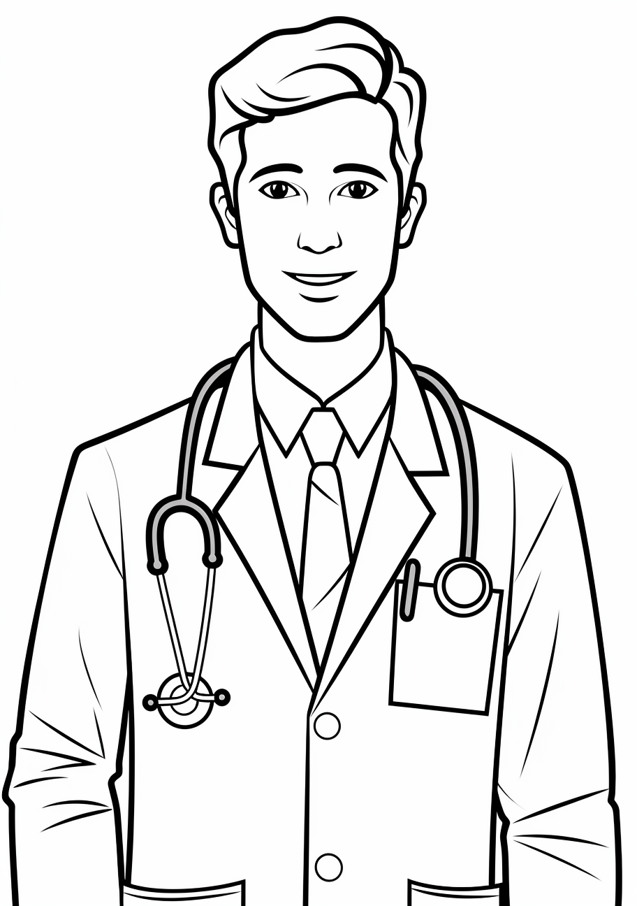 A doctor giving a patient a checkup; detailed lines with real-life elements.printable coloring page, black and white, free download