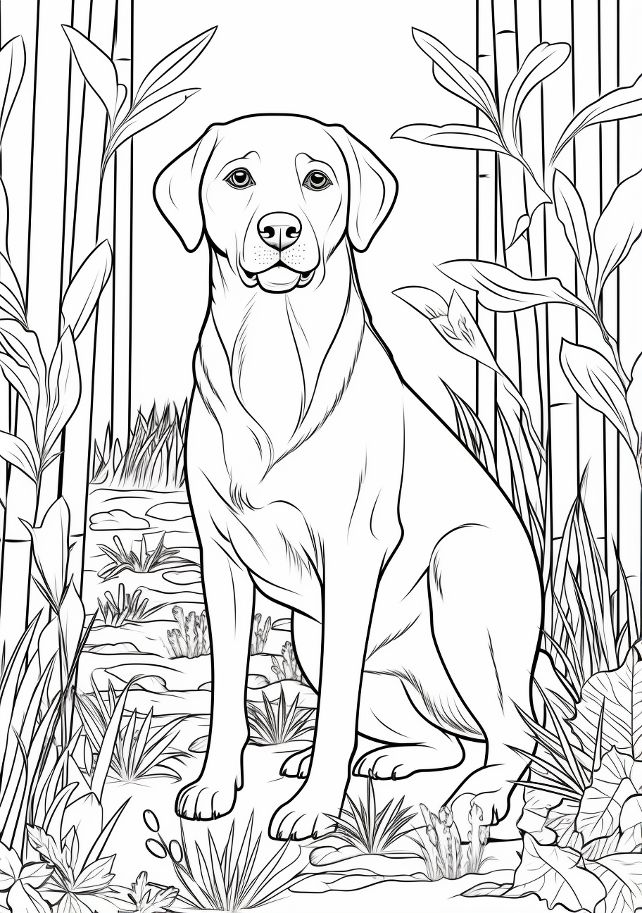 A high-detail, realistic drawing of a Labrador Retriever printable coloring page, black and white, free download