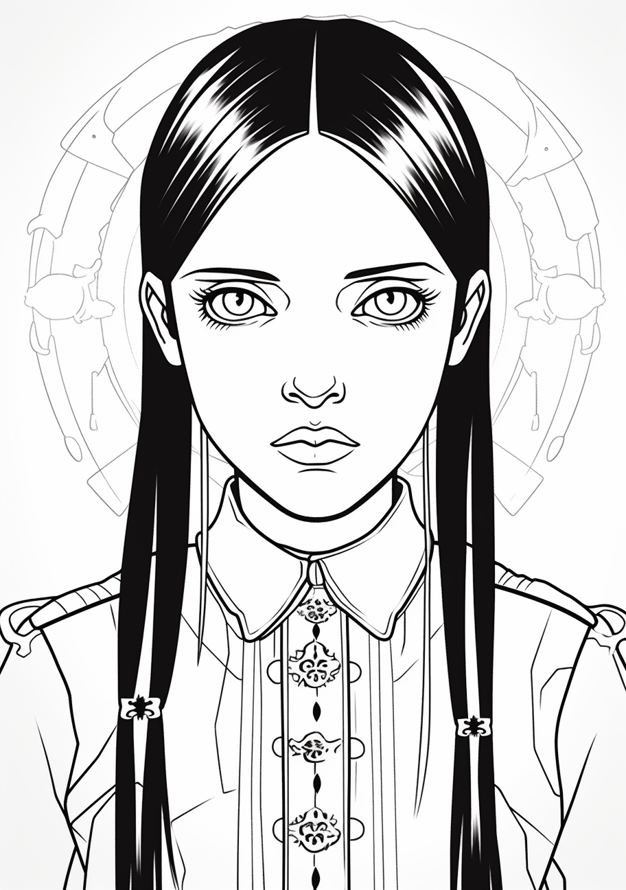 Facial focused image of Wednesday Addams with prominent gothic elements; fine detailing on the face. printable coloring page, black and white, free download