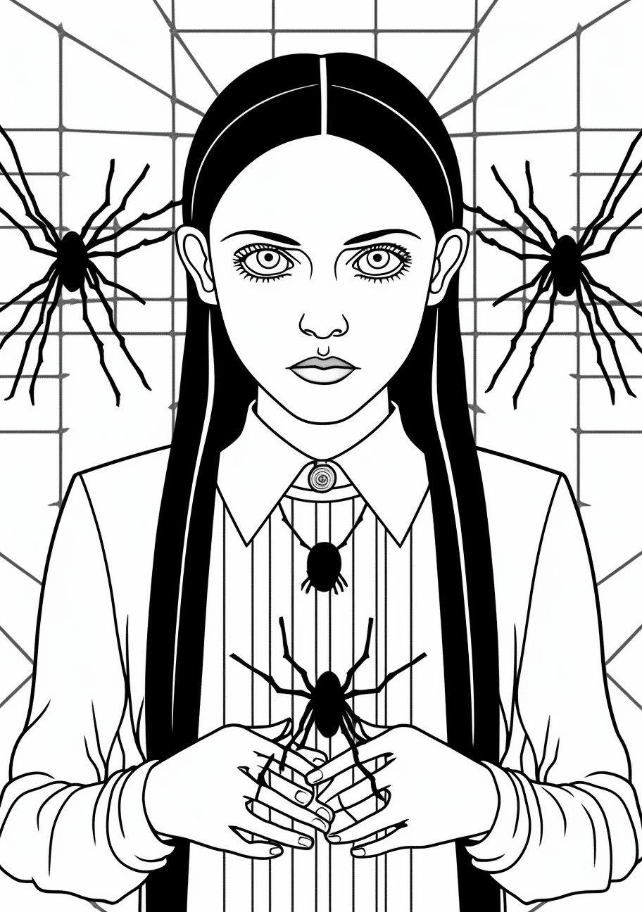 Wednesday Addams holding a spider; clean outlines with moderate details. printable coloring page, black and white, free download