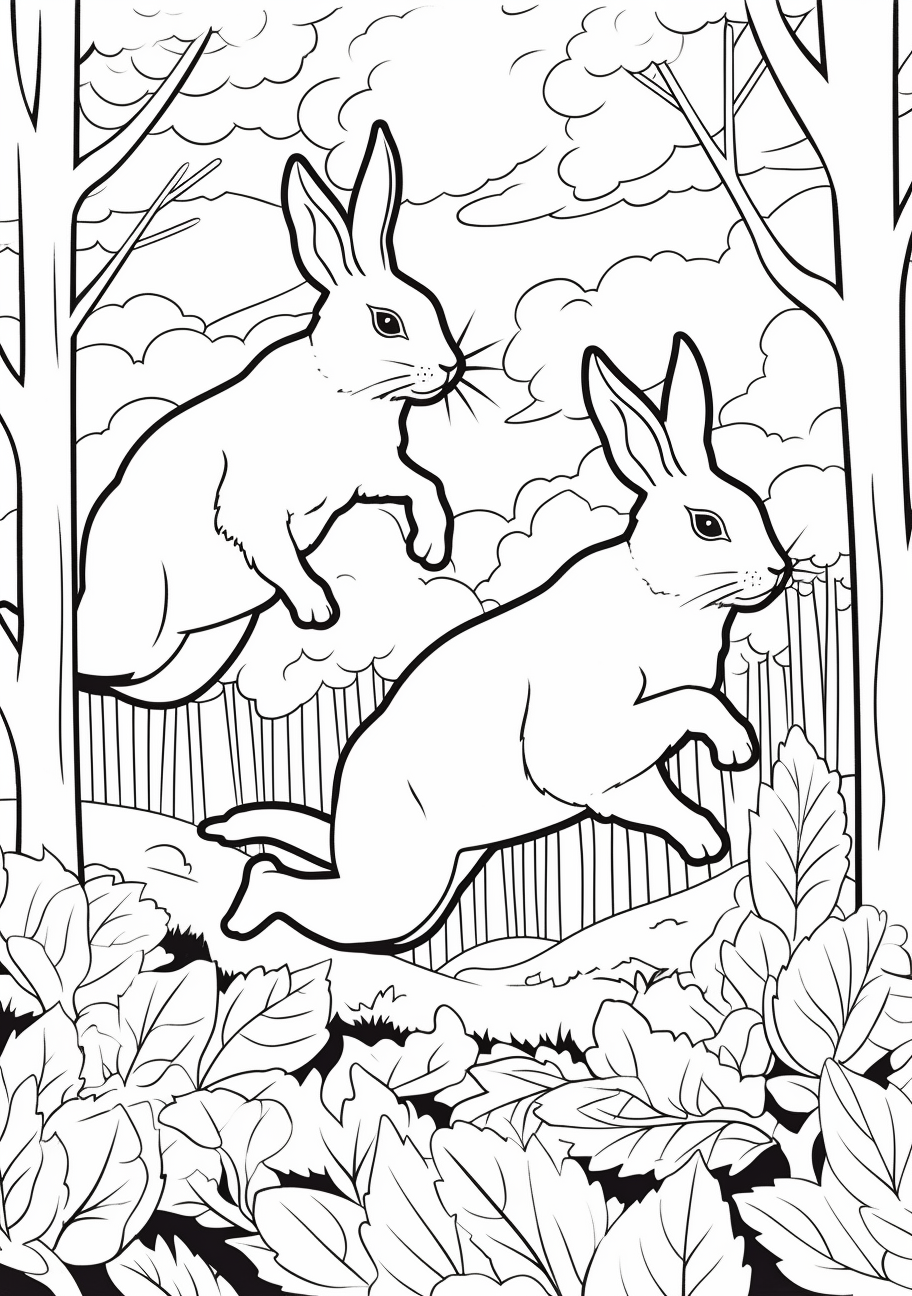 Bunnies bouncing merrily in the forest; caricatured style with bold outlines and expressive figures.printable coloring page, black and white, free download