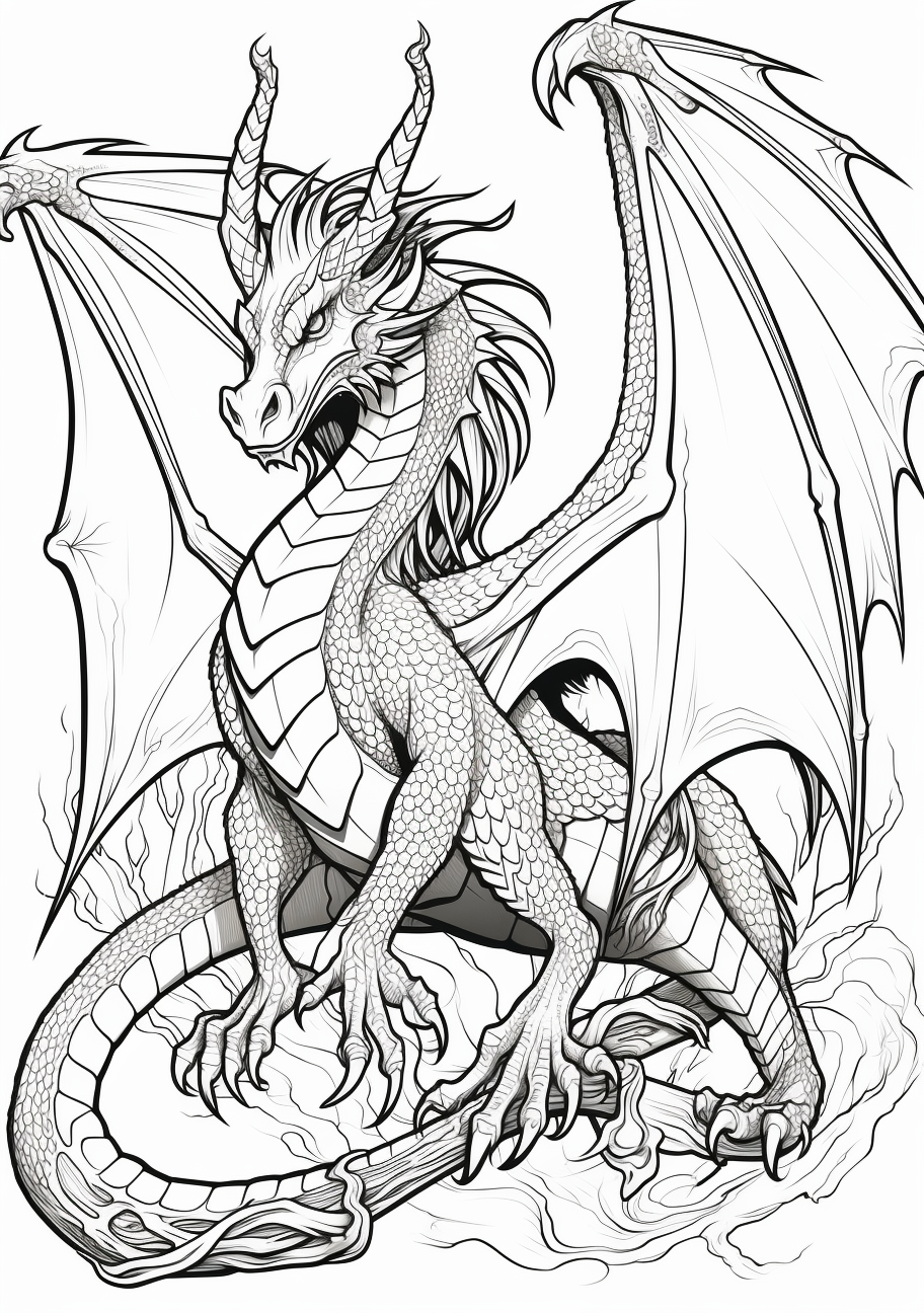 A soaring dragon; characterized by its detailed design.printable coloring page, black and white, free download