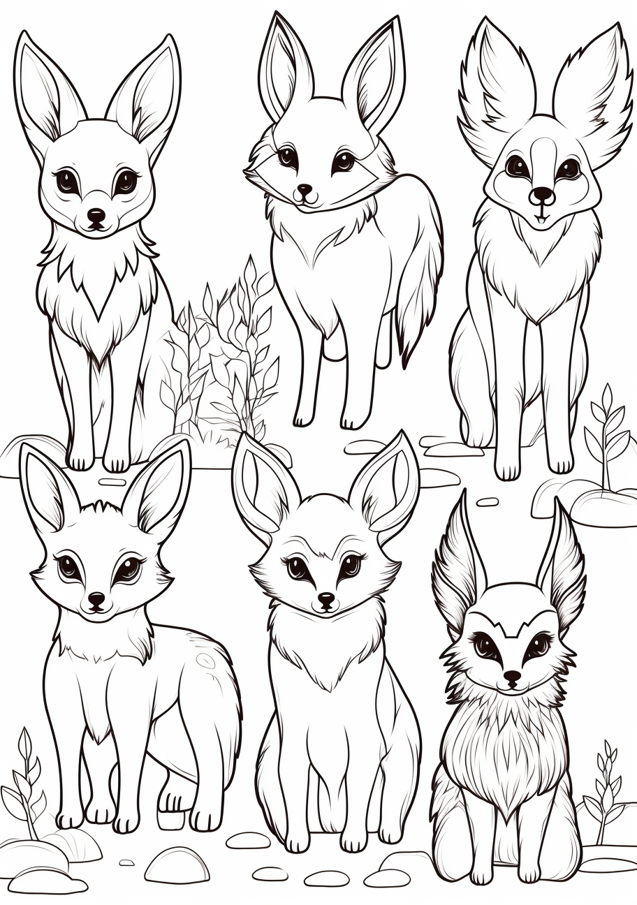 Eevee evolutions illustrated with simplified structures and forms; minimal and uncluttered. printable coloring page, black and white, free download