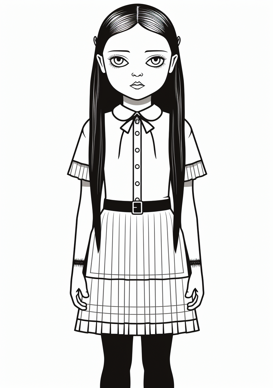 Detailed rendition of Ms. Addams in her well-known gothic attire; detailed style with emphasis on texture. printable coloring page, black and white, free download