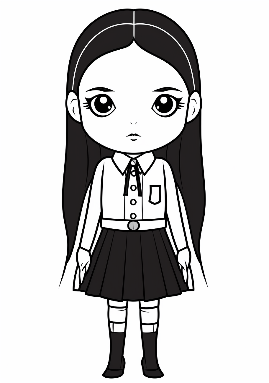 Cartoon rendering of Wednesday Addams with the Addams Family house in the background; emphasis on straight lines and simple patterns. printable coloring page, black and white, free download