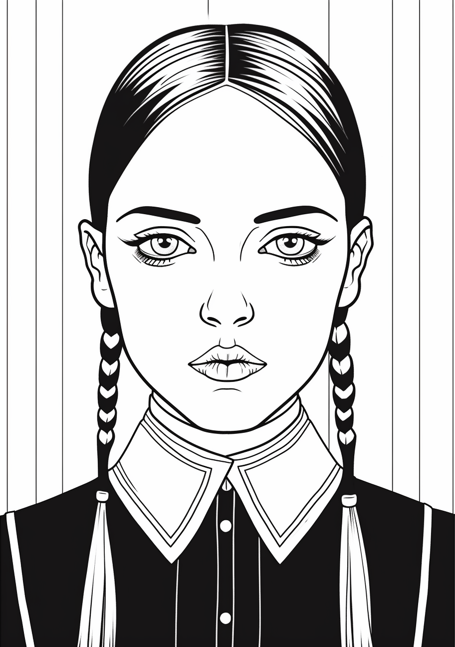 Wednesday Addams in her distinct gothic dress; minimalistic lines with sharp contrast. printable coloring page, black and white, free download