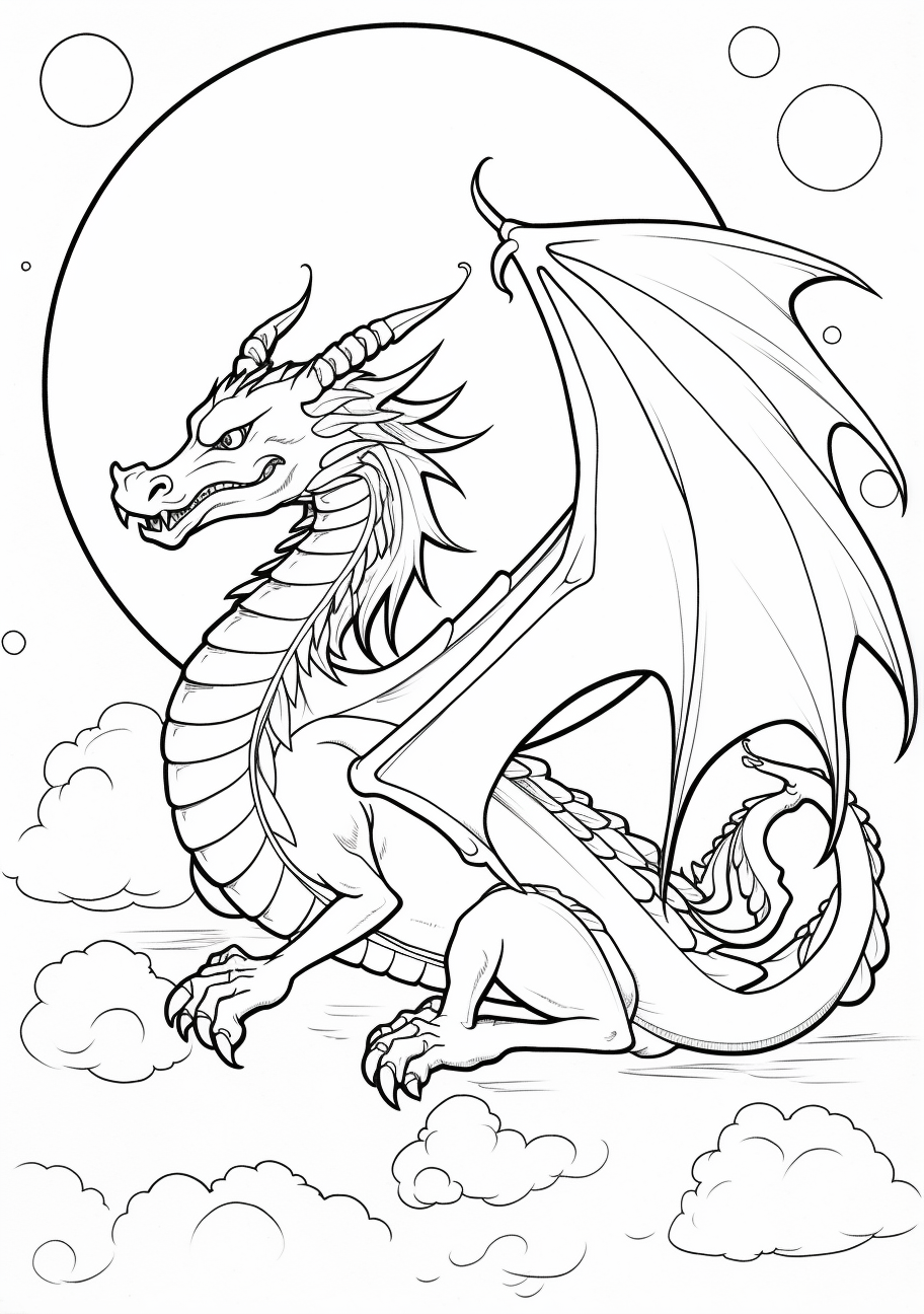 A dragon soaring among the stars; filled with intricate designs.printable coloring page, black and white, free download