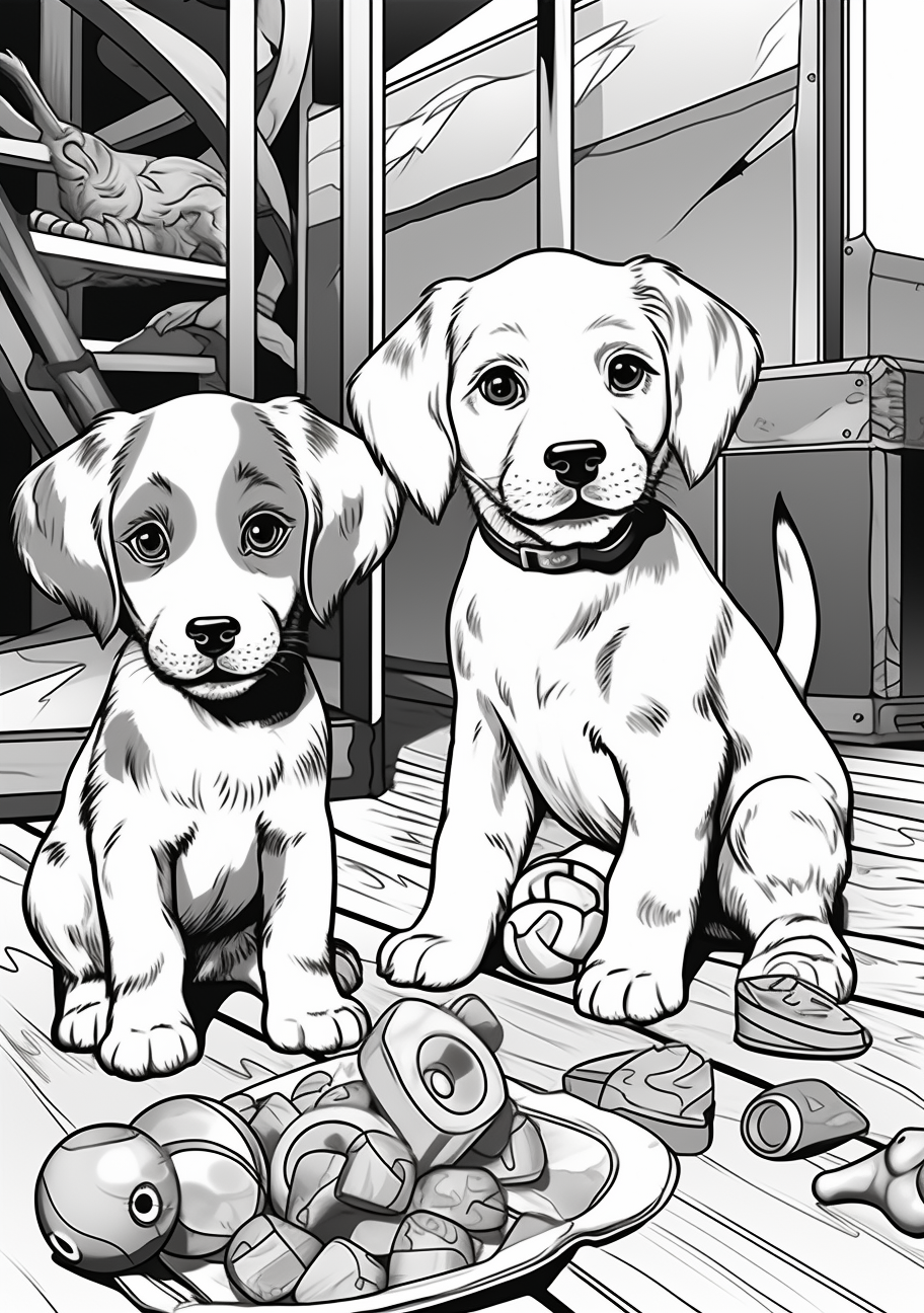 Scene of puppies and their toys; detailed shading of the toys contrasted with simple puppy lines. printable coloring page, black and white, free download