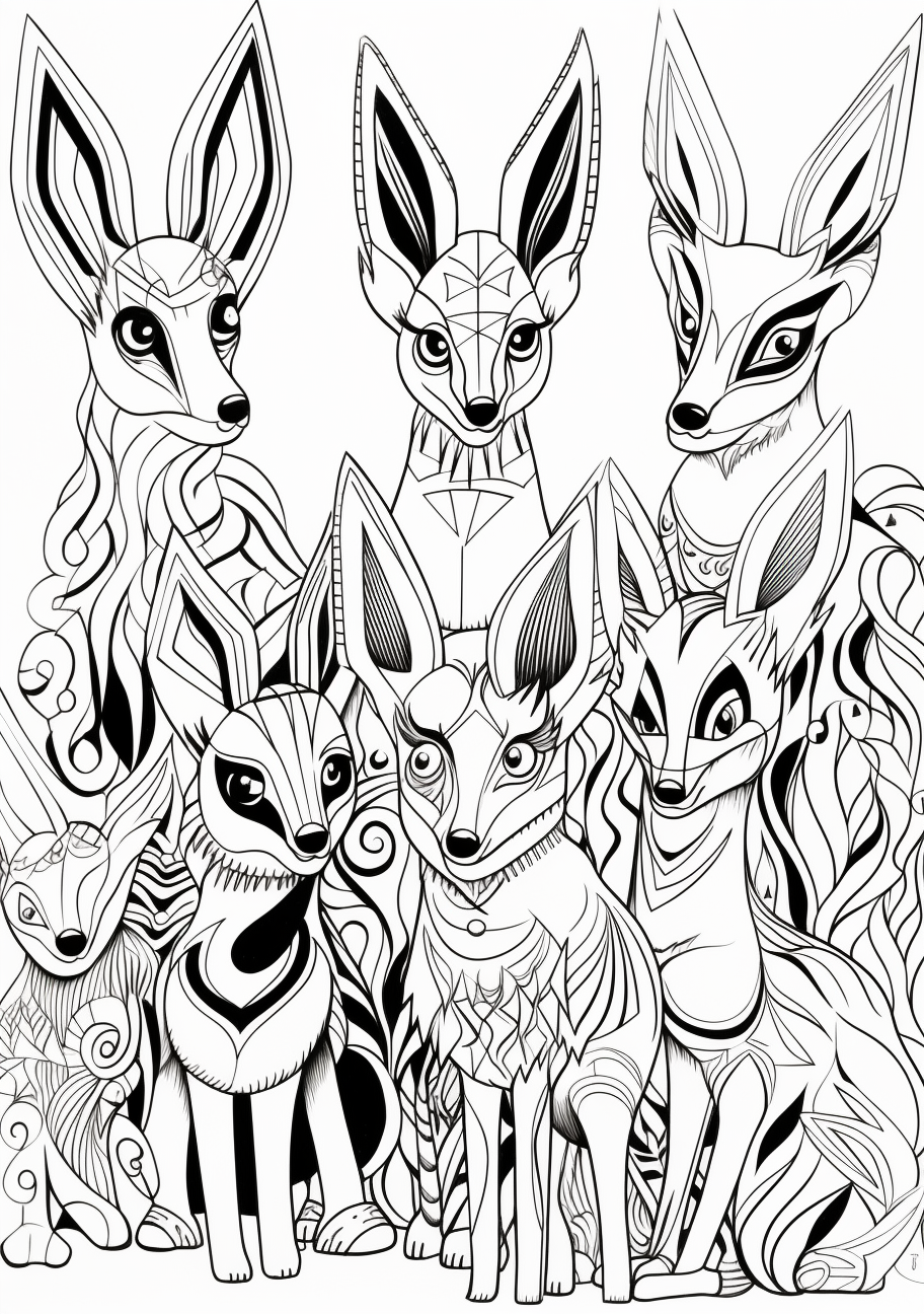 Abstract drawings of Eevee evolutions; combines simple outlines with complex patterns. printable coloring page, black and white, free download