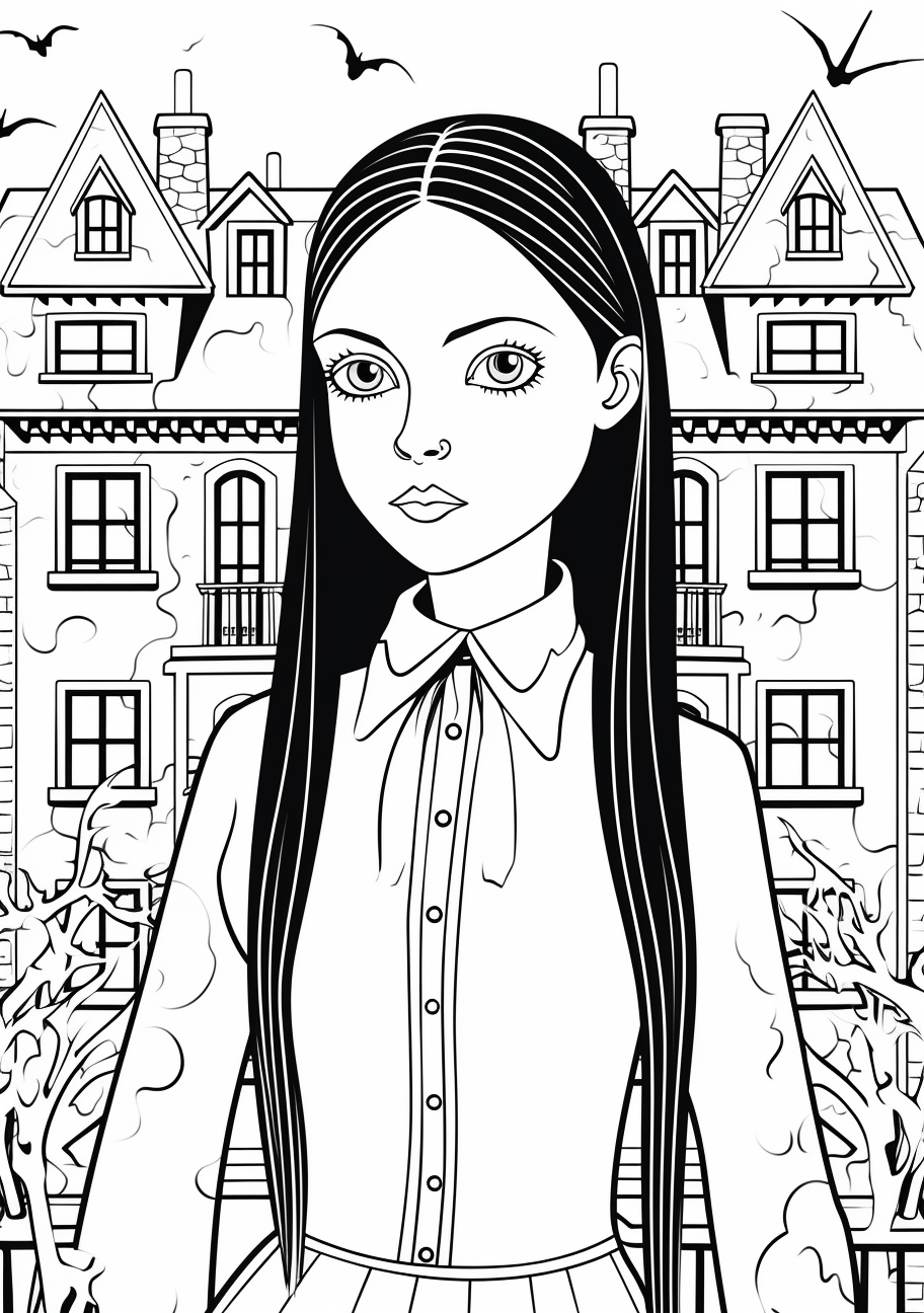 Image of Wednesday Addams holding a candelabra; dynamic lines and movement. printable coloring page, black and white, free download
