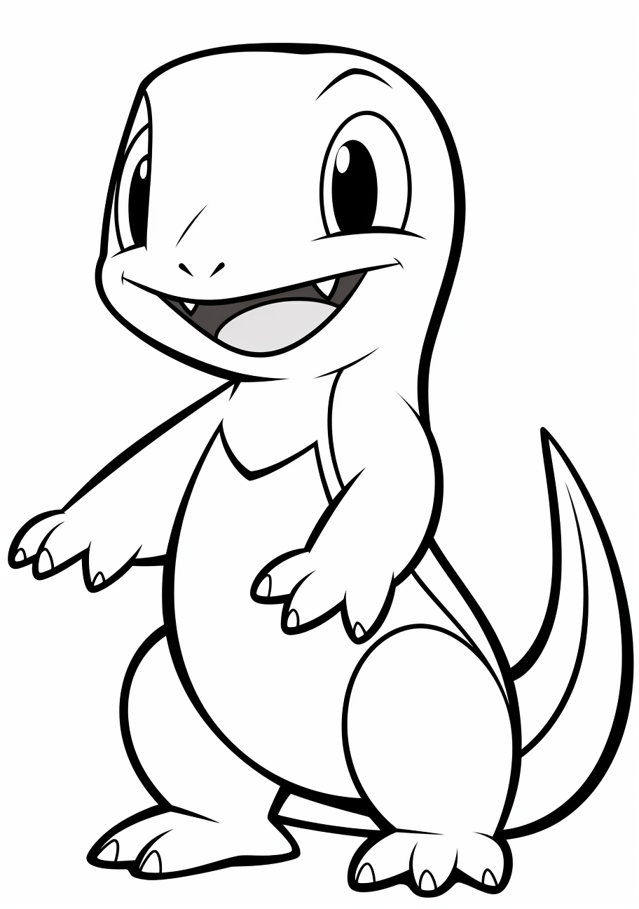 Amusing illustration of Charmander; bold outlines and simple shapes. printable coloring page, black and white, free download